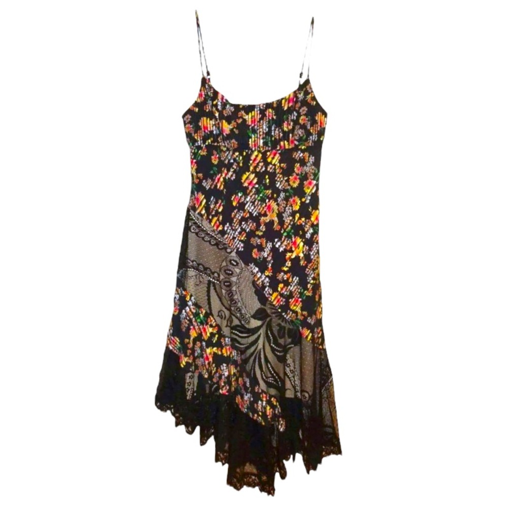 $410 ABS Allen Schwartz Cami Dress 6 Asymmetrical Lace Inserts Flare Skirt NWT